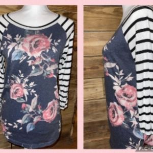 3/4 sleeve mixed print tee